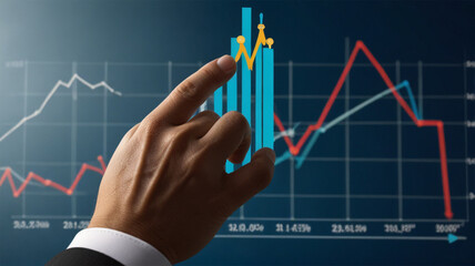 Hand touching graphs of financial indicator market analysis chart Bright bars on a colorful geometric background a modern abstract representation of growth and progress