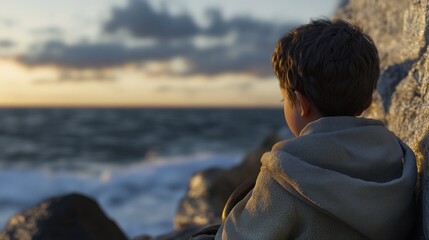 Fototapeta premium Boy sits on rocks by ocean, watching sunset.