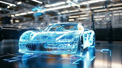 Futuristic concept car displayed in a cutting edge facility with intricate neon details highlighting advanced technology and design