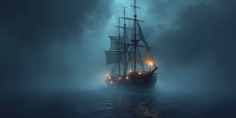 Fototapeta premium Illustration of Ship sailing through magical fog, with glowing lanterns casting an enchanting light across the mysterious sea