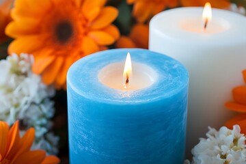 Beautiful candles with flowers on table on brown background