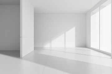 Fototapeta premium A bright, minimalist empty room with large windows, white walls, and sunlight streaming in, creating a serene and modern interior space.