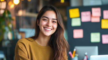 young woman smiling while sharing tips in modern workspace