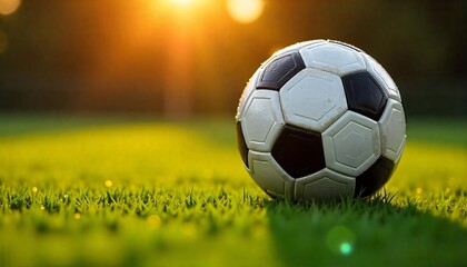 Fototapeta premium A soccer black and white ball on a lush green grass field.