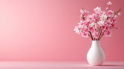 A white vase with pink flowers in it on a pink background