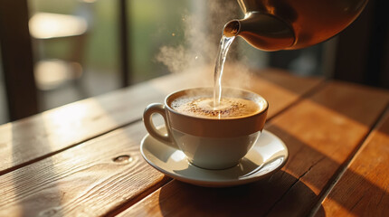 Hot water added to coffee for Americano