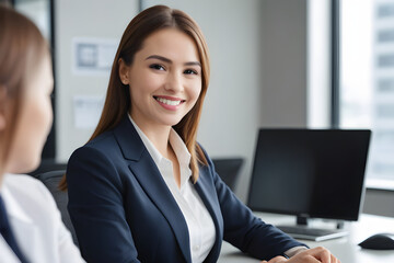 Smiling businesswoman working with colleague in modern office