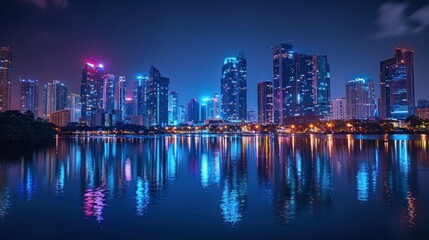 Fototapeta premium Night Cityscape Reflection: A Stunning Panorama of Illuminated Skyscrapers Mirrored in a Calm Lake