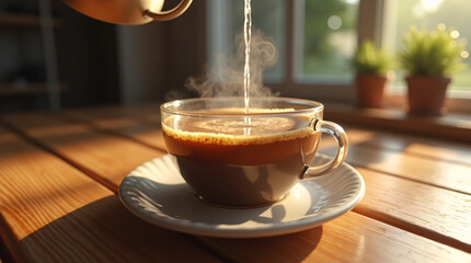 Hot water added to coffee for Americano