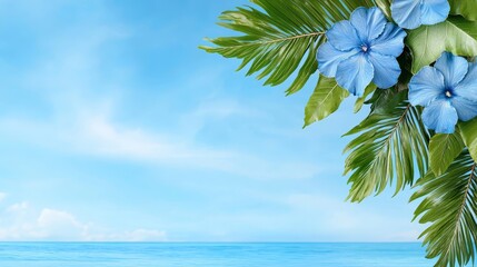 Obraz premium A blue flower on a palm tree over the ocean
