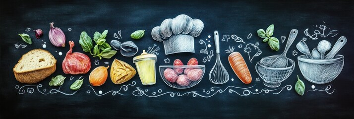 Chalkboard illustration of various food items and cooking utensils.