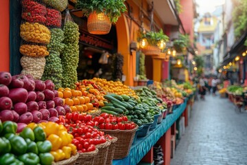 Fototapeta premium Colorful Fresh Produce in Vibrant Market Alley