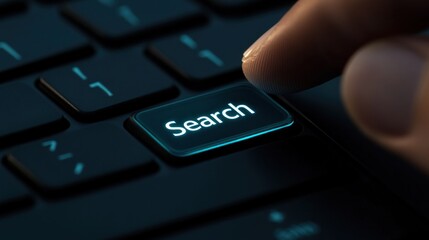 Finger pressing glowing "Search" button on dark keyboard.