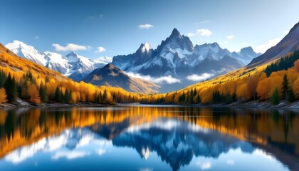 Mountain lake reflecting jagged peaks, vibrant autumn foliage