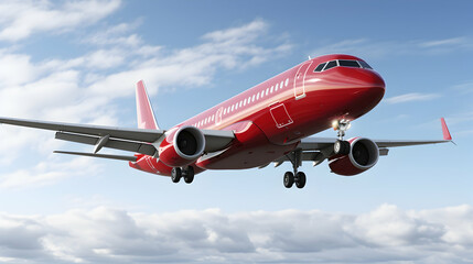 A red airplane flying through a cloudy sky, showcasing transport and travel.