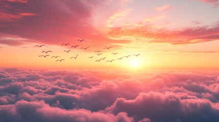 Fototapeta premium Flock of Birds Flying Across a Vibrant Sunset Sky Over Soft Clouds, Symbolizing Seasonal Change and the Arrival of Spring 