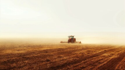Fototapeta premium Solitary Tractor in Misty Field: A Serene Agricultural Landscape