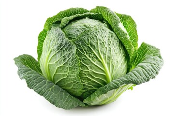 A perfectly round green cabbage head, isolated on a white background