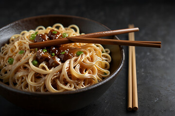 Delicious noodles dripping with soy sauce held by chopsticks, cut out