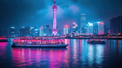Naklejka premium Illuminated cruise ship on river with city skyline at night.
