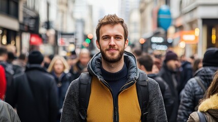 Obraz premium A bustling pedestrian street filled with commuters and shoppers, with a man in focus, standing still and looking confidently at the camera