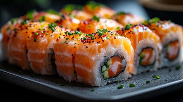 Close-up of delicious sushi rolls topped with fresh salmon, garnished with green onions and spices on a dark ceramic plate.
