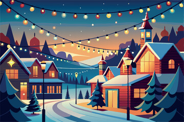 Obraz premium Small city street adorned with Christmas decorations and lights vector flat illustration