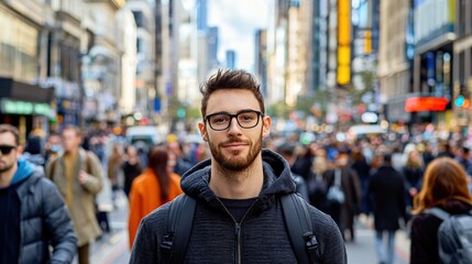 Fototapeta premium A bustling pedestrian street filled with commuters and shoppers, with a man in focus, standing still and looking confidently at the camera