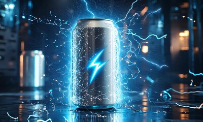 A glowing energy drink can surrounded by electric sparks, emphasizing refreshment and vitality.