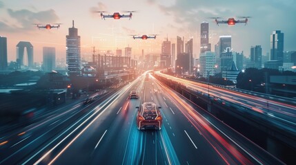 Futuristic Cityscape: Autonomous Vehicles and Drones in a Smart City at Sunset