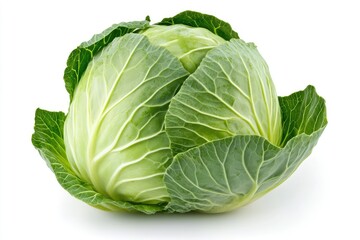 Fototapeta premium A perfectly round green cabbage head, isolated on a white background