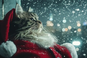 Festive Cat in Red Santa Suit Watching Snowfall on Winter Night