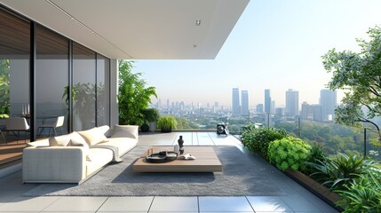 Modern Balcony City View: Luxurious outdoor space with stunning city views, featuring comfortable seating, lush greenery, and a serene atmosphere.