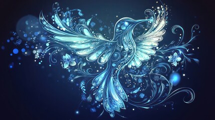 Obraz premium Blue fantasy bird with floral details, glowing, dark background.