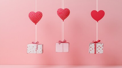 Minimal Valentines themed floating gift box design with heart balloons paper cut art