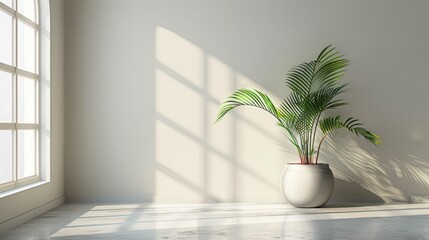 Serene Minimalist Room with Sunlight and Palm Plant