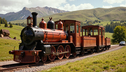 Fototapeta premium Vintage steam locomotive travels through scenic mountain landscape on a sunny day