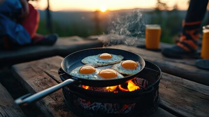A campfire breakfast scene with a skillet sizzling over the flames, surrounded by simple camping gear and a peaceful backdrop
