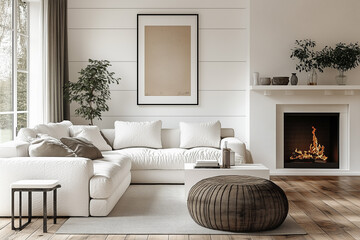 Pouf and side table near white sofa against fireplace and white wall with poster frame. Minimalist interior design of modern living room, home.
