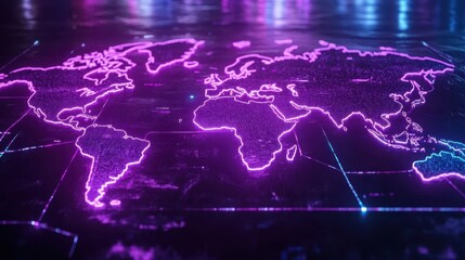 Neon World Map on Dark Background for Technology Themes