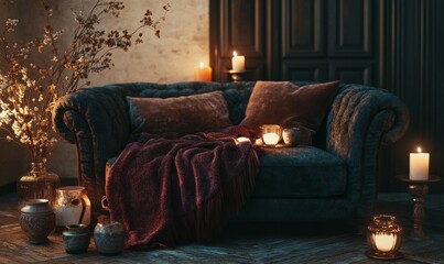 Cozy sofa with velvet cushions and a mocha mousse throw blanket, surrounded by warm candlelight and elegant ceramics in earthy tones.