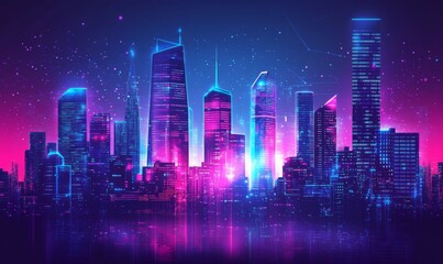 Fototapeta premium Cyberpunk City Skyline with Blue and Pink Neon lights. Night scene with Visionary Skyscrapers.