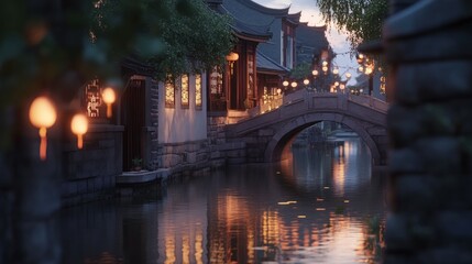 Tranquil evening scene of a picturesque canal town with a stone bridge, traditional architecture, and warm lantern lights.