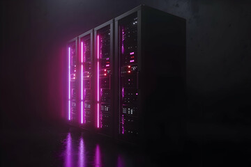 A futuristic server room with illuminated racks, showcasing advanced technology and data storage.