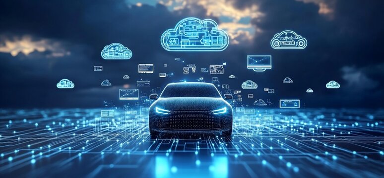 Futuristic car surrounded by digital clouds and data connections.