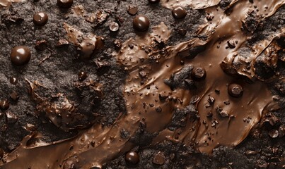 Dense layers of chocolate textures in abstract forms, with cocoa accents and scattered chocolate chips on a mocha canvas.