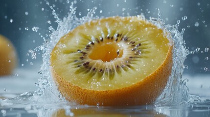 Golden kiwi splashing into water.