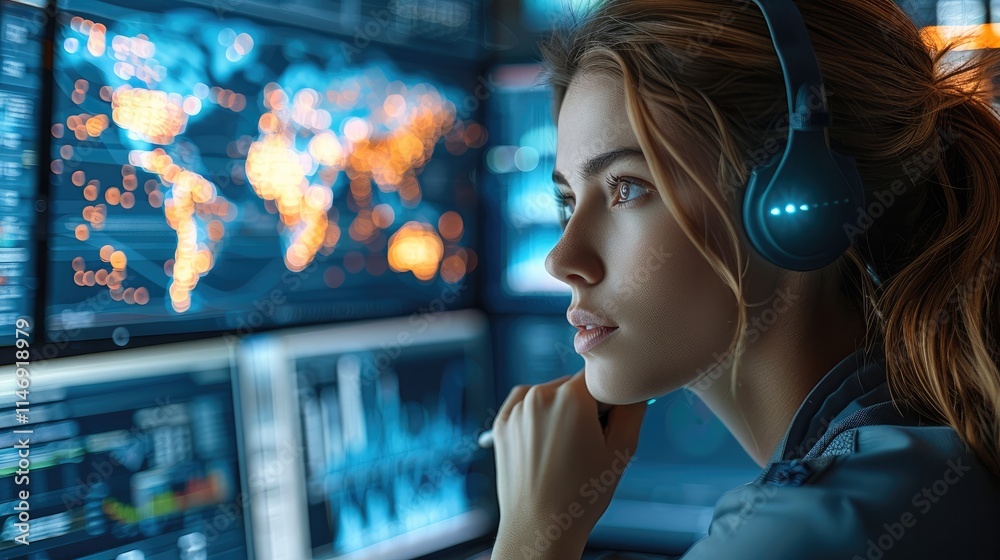 Poster Women working in command center filled with holographic displays and advanced tactical maps.