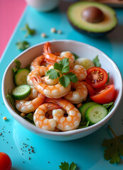 A colorful, fresh salad bowl featuring juicy cooked shrimp garnished with parsley,