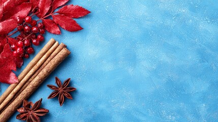 Fototapeta premium A blue background with red leaves, cinnamon sticks, and star anise